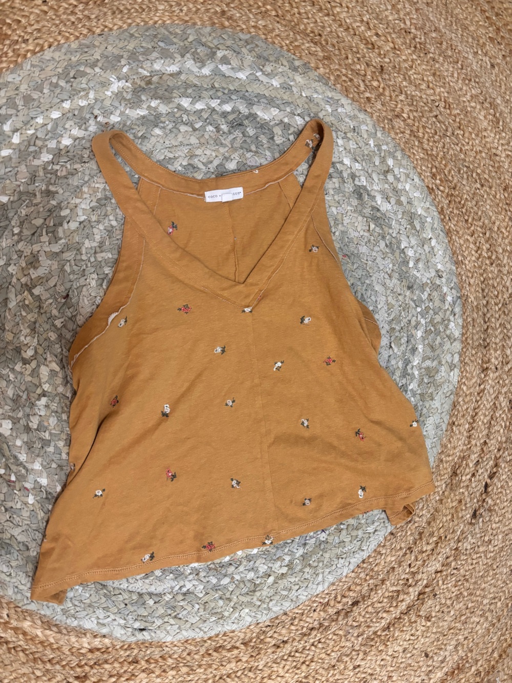 Mustard Floral Embroidered Tank Top - Cozy Crop
